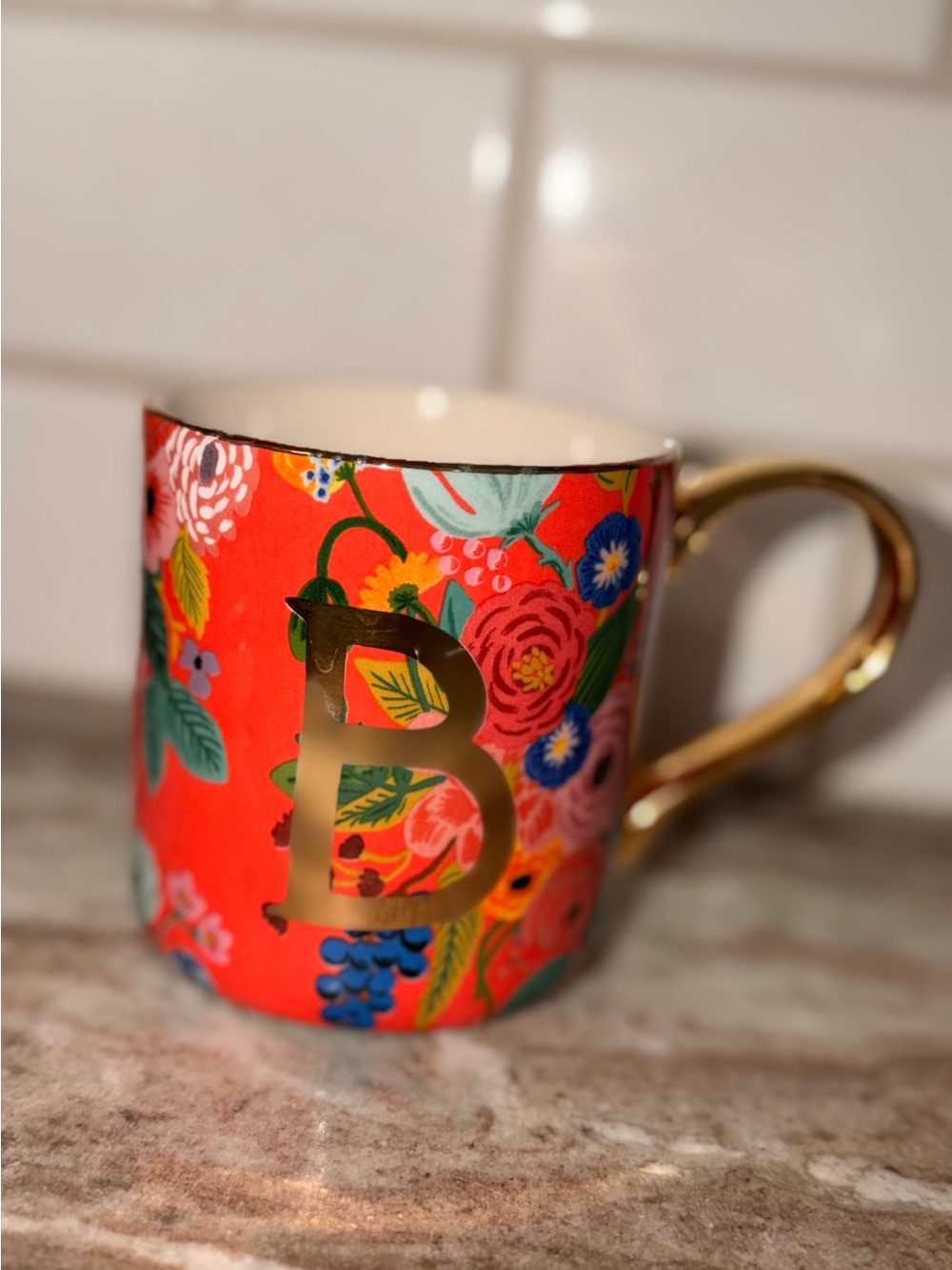 Rifle Paper Co Anthropologie Garden Party Monogram Mug B Floral Gold 13oz